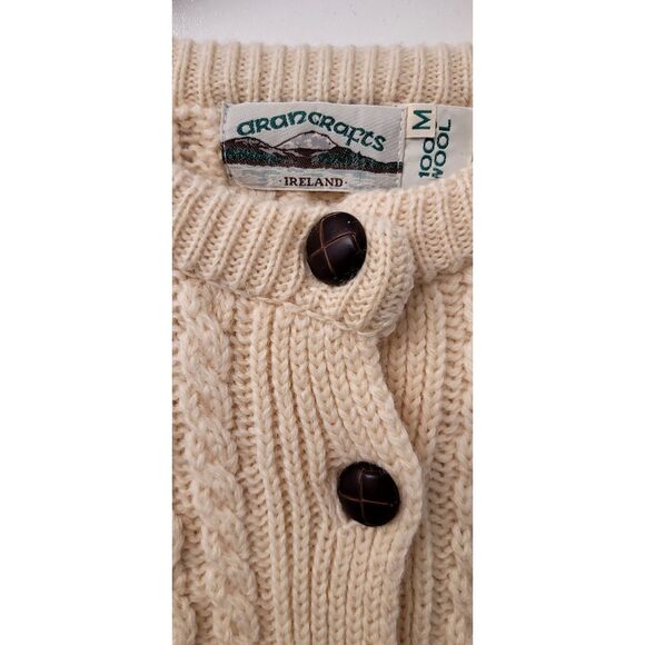 Irish 100% Wool Arancrafts Cream White Cable Knit Button Cardigan Sweater Sz. M - Picture 3 of 10